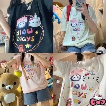 Štyri Farebné Kawaii Dobrý Deň, Kittys T Shirt Anime Kt Mačka Cartoon Študent Voľné Letné Bavlnené Krátke Rukávy Top Fashion Bestie Dievča Jk