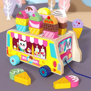 Detské Kuchyňa Hračky Drevené Ice Cream Push Vozíky Počítadlo Predstierať, že Hrať Hračky Pre Deti, hranie Rolí Drevené Potravín Hry Darček Pre Chlapca