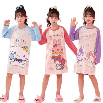 Kawaii Sanrio Detí Nightgown Anime Kuromi Moje Melódie Cinnamoroll Detské Pyžamo Dlhý Rukáv Šaty Bavlna Domáce oblečenie Dievčatá Darček