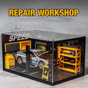 1:24 Zliatiny Model Auta, Opravy a Úpravy Obchod Model Montáž Scény Hračka Prachotesný Úložný Box Simulácia Auto Repair Workshop