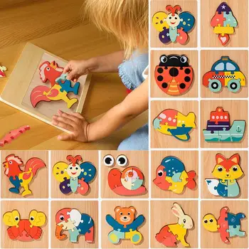 Montessori Drevené 3D Puzzle Skladačka Hračky Pre Deti Cartoon Zvierat Drevené Puzzle Inteligencie Deti Detské Vzdelávacie Hračka