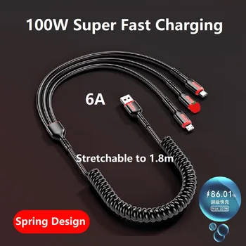 100W 6A 3 v 1 Rýchle Nabíjanie Kábel 1,8 m Zdvíhateľnej Rýchlo Nabíjačka Kábel pre iPhone Samsung s Bleskom/Typ C/Micro USB Port
