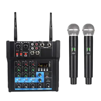 Audio Mixer s Bezdrôtového Mikrofónu Odbornej 4 Kanálový Prenosný Zvuk Palube Konzoly Systém pre Karaoke Počítač Nahrávanie