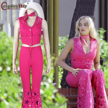 Margot Robbie Cosplay Kostým 2023 Film Barbe Kostým Margot Sexy Hviezdna Ružová vesta Top Nohavice Šatku Oblek Pre Ženy, Dámy Barbi