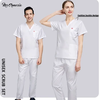 Unisex Scrubs Lekársky Uniformy Ženy Klinické Jednotné Mužov Ošetrovateľskej Oblečenie Lekár Sestra Outwear Čistiacich Sád Zubár Pracovné Oblečenie Biele