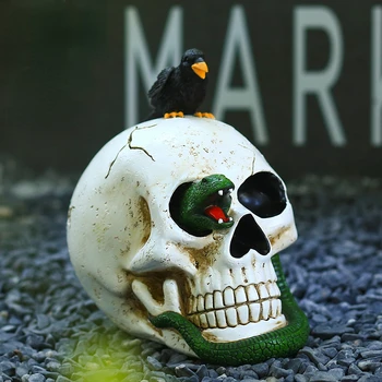 Havran na Skull Halloween Decorats,Gotický Vrana Perching na Kostru Živice Figúrka Strašidelný Dom, Socha Stola Stôl Home Office