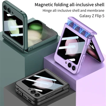 pre Samsung Galaxy Flip 5 Prípade Flip5 4 3 Magnetický Záves Ochrany Matný Pevného Plastu Shockproof Kryt s Krycie Sklo