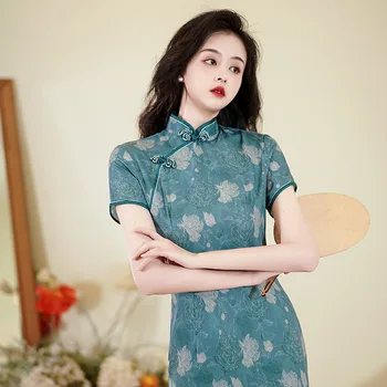 V lete roku 2023 Modrá Stredne Cheongsam Módne Vintage Elegantné Hostiny, Párty Qipao Čínskej Tradičnej Štýl Večerné Šaty pre Ženy