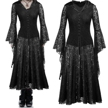 Ženy Stredoveké Retro Cosplay Čipky Strán Dlhý Rukáv Šaty Čierne Šaty Gothic Vestidos Vintage Renesancie Halloween Kostýmy