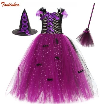 Halloween Čarodejnice Kostýmy pre Deti, Dievčatá Sequin Tylu Tutu Šaty, Oblečenie a Klobúk Metlu Dievča Strany Bat Čarodejnice Deluxe Sada
