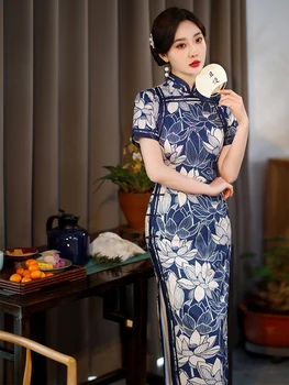 Yourqipao Lete Hodváb Modrá Cheongsam Pódium Banquet Retro Elegantné Qipao Čínskej Tradičnej Štýl Večerné Šaty pre Ženy Strany