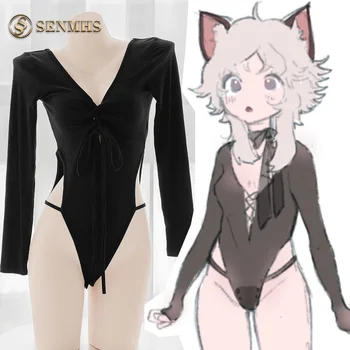SENMHS Žien Sexy Anime Kombinézu Otvorené Rozkroku Hlboko V, Dlhé rukávy Erotické spodné Prádlo, jednodielne Plavky, Pletenie Backless Kostýmy