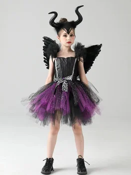 Deti Dieťaťa Zlá Čarodejnica Spellcaster Cosplay Kostým pre Dievčatá Fantasia Strany Halloween Kostýmy Maškarný Fantázie Diabol Šaty