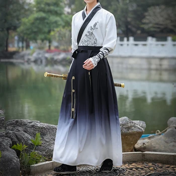 Tradičný Národný Kostým Čínskom Štýle Retro Bojových Umení Cosplay Kostým Hanfu Oblek, Biela Košeľa Gradient Sukne Mužov Oblečenie