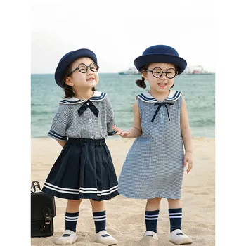 Dievčatá šaty navy série stanovené deti letné kórejská verzia sukňa detské tričko krátky rukáv tričko sukne Oblečenie pre dievčatá, ropa 4-6y